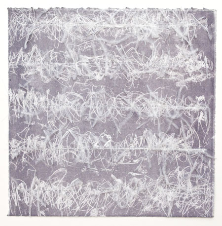 Traces of Absence (violet), 2014, Trace Monotype with stitching and faux feather plumes, Variable Edition, 12"x12"